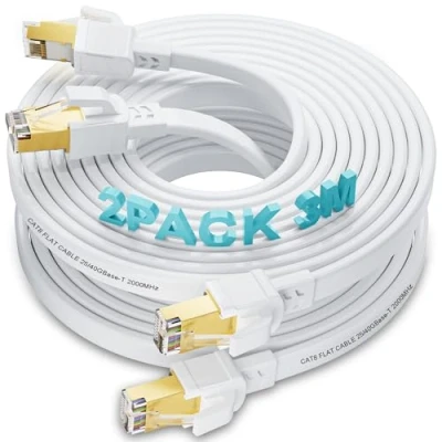 Bild av Ethernet Cable 2x 3m Cat 8 Nätverkskabel Höghastighets Platt 40Gbps 2000MHz Lan Inomhus Utomhus Skärmad FTP Gigabit RJ45 Internetkabel Vit för Router Modem