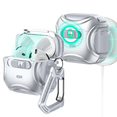 Bild av ESR för AirPods 4 fodral (HaloLock), kompatibelt med Gen (2024) (USB C), kompatibel MagSafe, fallsäker förslutning, enkel öppning, Cyber serien, silver