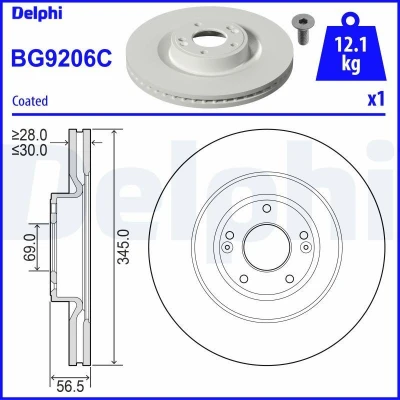 Bild av DELPHI BG9206C Disque de frein 345 30 5 ventilé revêtu non traité sans roulement roue, bague ABS RENAULT: MEGANE 3 Coupe