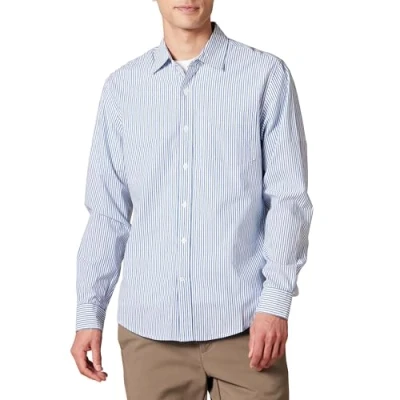Bild av Amazon Essentials mäns Slim Fit långärmad poplin skjorta, blå vit vertikal rand, Small