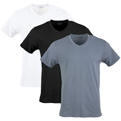 Bild av GILDAN Herr bomull stretch T shirts, flerpack underkläder, Vit/svart sot/grå flanell (V ringad 3 pack), XL (3