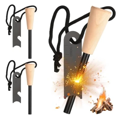 Bild av 3 stycken eldstål: Överlevnad eldsten, eldstartsats med paracord tände, eldsten extremt stark gnistflyg, brandstartare lämplig för camping, utomhus, bushcraft och överlevnad