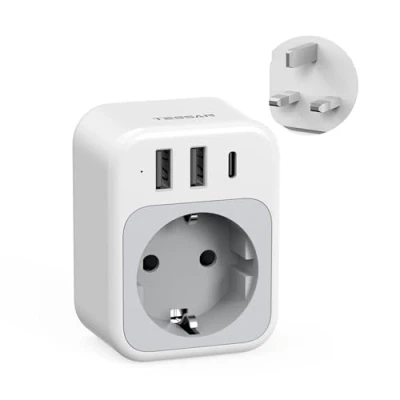 Bild av TESSAN Adapter England Tyskland Plugg, 4 i 1 UK med USB C och 2 A, Portable Socket England, Reseadapter 3250W, Typ G för Storbritannien, Irland, Skottland, Malta