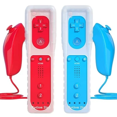 Bild av TechKen 2 delad Wii kontroll med Nunchuck Controller, Fjärrkontroll Remote Motion Plus integrerad Nunchuk Controller silikonfodral för (röd + blå)