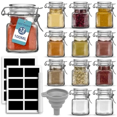 Bild av HEFTMAN Glasburkar med klämma 12 x 100 ml tomma små kryddburkar lock och etiketter tratt, lufttät tätning perfekt för örter, kryddor, oljor, dekor, sylt, kryddställ, köksförvaring