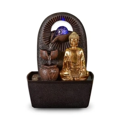 Bild av Buddha fontän Bhava avtagbar inomhusfontän gåvor Zen Deco objekt Buddhism LED ljus bordsfontän stängd krets brun och guld H 26 cm Zen&#039;Light