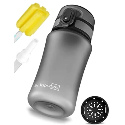 Bild av My Vesperbox Minny Drickflaska för barn, läckagesäker, med sugrör eller sil, 350, 500, 750 ml, lätt vattenflaska i tritan, BPA fri, dagis och skola (grå, 350 ml)