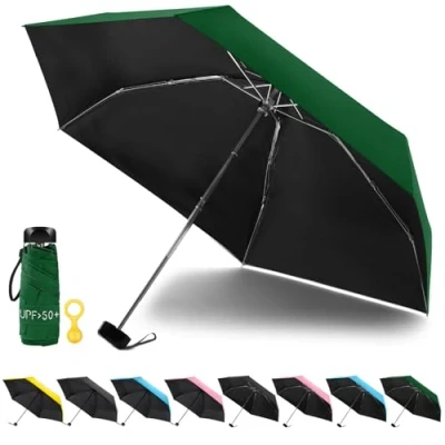 Bild av Vicloon Mini reseparaply, fickparaply hopfällbart kompakt med platt handtag, 6 ribbad lätt vikt vattentätt robust och bärbart paraply, regn solparaply, UPF&gt;50+ skydd (mörkgrön)