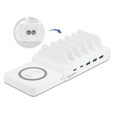 Bild av Delock USB and Wireless Charger Laddningsstation + växelströmsadapter 110 Watt 5 A PD utdatakontakter (3 x typ A, 2 C) vit