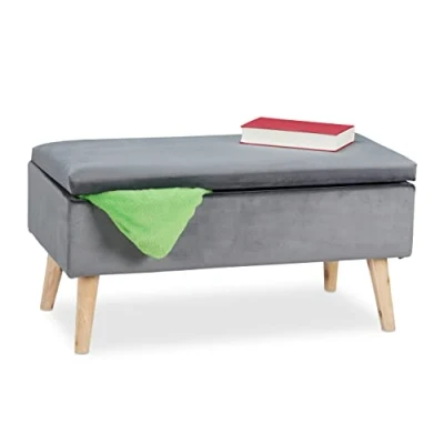 Bild av Relaxdays Bänk med förvaringsutrymme, sammetsöverdrag, 40 l, vadderade, träben, hall, 2 byråbänk, 41 x 80 cm, mörkgrå, trä