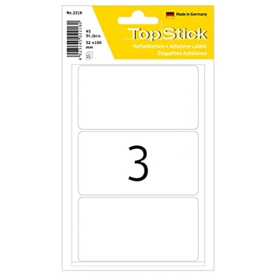 Bild av TopStick 2216 hushållsetiketter stora (52 x 100 mm, 15 ark, papper, matt) självhäftande, permanenta multifunktionsetiketter för handskriven märkning, 45 klistermärken, vit