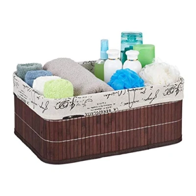 Bild av Relaxdays Förvaringskorg, tygöverdrag med retrotryck, bambu, rektangulär, badrumshyllkorg HBT 16,5 x 38 28,5 cm, brun