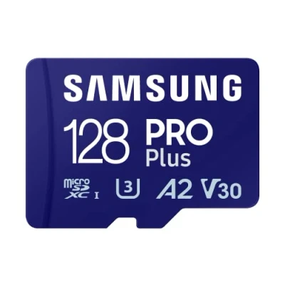 Bild av Samsung PRO Plus microSD kort SD adapter, 128 GB, för mobilspel på smartphones, surfplattor och handhållna konsoler, UHS I U3, Full HD &amp; 4K UHD, 180 MB/s läsning, 130 skrivning, MB MD128SA/EU