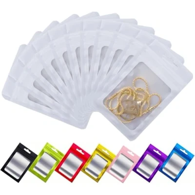 Bild av Rimiko 50 st Mylar Zip Påsar med Genomskinligt Fönster, Lufttät Påse Hängande Hål, Återförslutbar Ziplock av Aluminiumfolie för Förpackning och Matförvaring (Vit, 7x10 cm)
