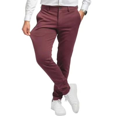 Bild av Performance Pants Eleganta herrbyxor med smal passform, stretchiga byxor för män, bekväma och praktiska arbete fritid, tygbyxor, Burgund, 36W / 36L