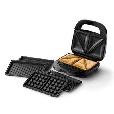 Bild av Philips 5000 serien smörgåsmaskin 3 plattor för paninis, smörgåsar och våfflor. Grillplattor med nonstick. Cut and Seal. 750W Effekt. Svart (HD2350/80)