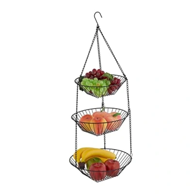 Bild av Relaxdays hängande fruktkorg, H x D: 73 28 cm, 3 våningar, stål, rund korg för frukt och grönsaker, fruktskål, svart