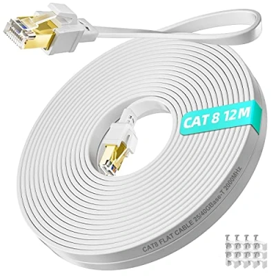 Bild av Ethernet Kabel 12m Cat 8 Nätverkskabel Höghastighets Lan Platt 40 Gbps 2000 MHz Cable 12 Meter Långa Gigabit RJ45 Internetkabel för modem, router, switch, PS4, PS5