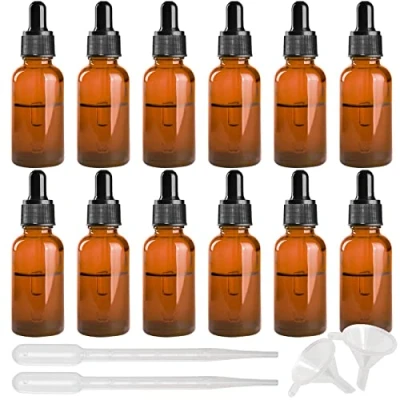 Bild av INHEMING 30 ml glasdroppflaska, brun tom glasflaska med glaspipetter, för eteriska oljor, aromaterapi, kemisk vätska (2 droppar och 2 tratt) 12 st