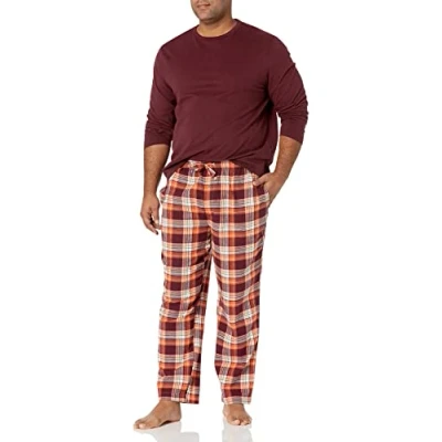 Bild av Amazon Essentials flanellpyjamasset för män (finns i stora och långa), vinröd/orange pläd, Large