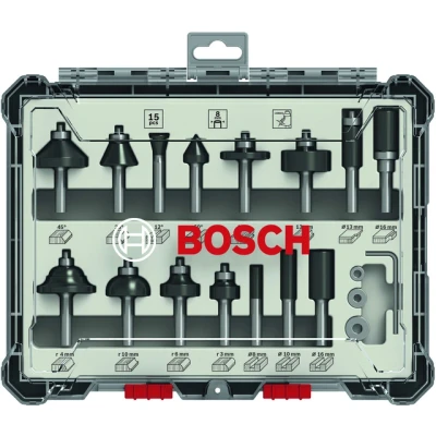 Bild av Bosch Frässtålsats, 15 delar, blandad, 8 mm skaft piece Mixed Application Router Bit Set.