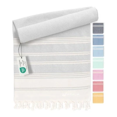 Bild av hamam handduk fouta strandhandduk XXL av 100% återvunnen bomull snabbtorkande strandlakan, fouta, turkisk peshtemal perfekt som bastuhandduk och sarong Ljusgrå 100x200cm Diamond