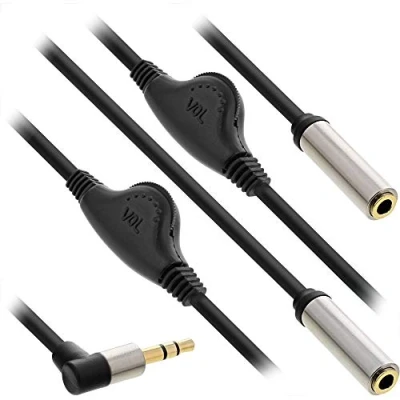Bild av InLine 99253A Slim Audio Y kabel jack 3,5 mm ST till 2 x uttag BU, med volymkontroll, 0,25 m