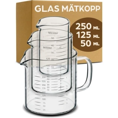 Bild av Praknu Glas Mätkopp Set med Hällpip 50ml, 125ml, 250ml Precis Skala Stapelbar Värmetålig &amp; Mikrovågsäker