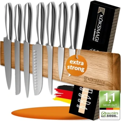 Bild av KÖKSMAGI® Magnetlist, kniv, OSKAR (50 cm) magnetisk knivlist av trä med extremt stark magnet för tunga knivar självhäftande (3M tejpband och tillbehör borrning
