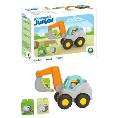 Bild av Playmobil Junior 71684 Grävmaskin, inklusive hopfällbart kabintak och stapelbara stenar, hållbar leksak av växtbaserad plast, för barn från 12 månader