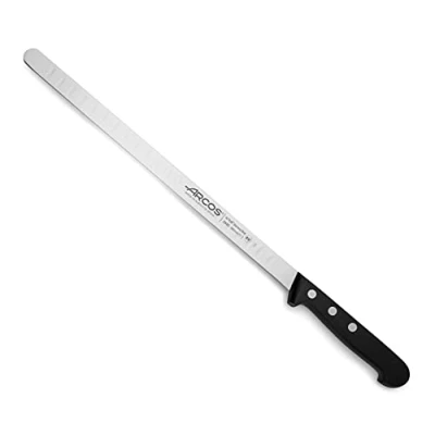 Bild av ARCOS Laxkniv/Fiskkniv 1 Nitrum rostfritt stål och 290 mm blad. Ergonomisk Polyoxymethylene POM handtag. Serie Universal. Långt, robust blad tandad kant. Skär lätt. Färg Svart.
