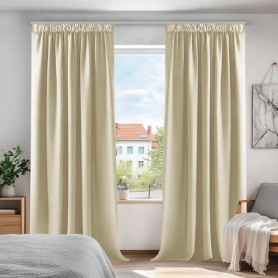Bild av Deconovo mörkläggningsgardiner för rum, supermjuka fönsterbehandling, värmeisolerad, pennveck, energibesparande fönstergardiner, dekorativa flickor 132 x 213 cm beige 2