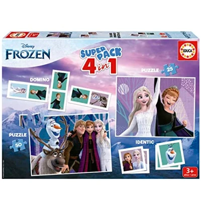 Bild av Educa Frost Superpack 4 i 1, inklusive Domino, Memo spel och 2 pussel, för barn från 3 år, Disney, Frozen (19737)