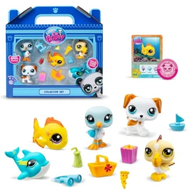 Bild av BANDAI Littlest Pet Shop Collectors 5 pack strandbästis, paketet innehåller LPS mini husdjursleksaker 7 tillbehör 1 samlarkort och virtuell kod, samlarleksaker för flickor pojkar