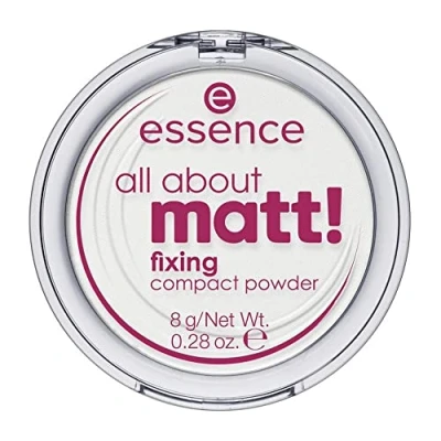 Bild av essence all about matt! fixing kompakt pulver, vit, långvarig, matt, för torr hud, vegansk, oljefri, utan parfym, alkohol, 1 pack (8 g)
