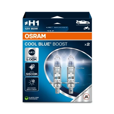 Bild av OSRAM COOL BLUE BOOST, H1, halogenstrålkastare, upp till 5500K, Hängande hopfällbar låda (2 lampor), endast offroad användning