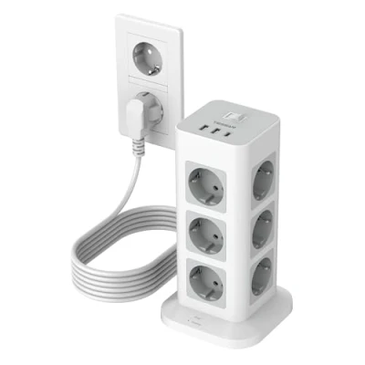 Bild av TESSAN Torn vertikala uttag med 12 USB C, grenuttag överbelastningsskydd och strömbrytare, förlängningsuttag för kontor hem, 5 m kabel, 3 600 W