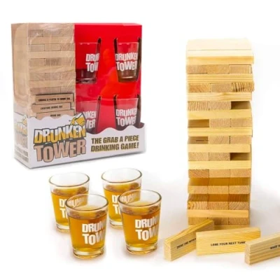 Bild av Original DrunkenTower® Infernal Tower with Tows Premium Quality 60 Wooden Blocks 4 Shot Glasses Drinking Game Aperitif Party OriginalCup®…