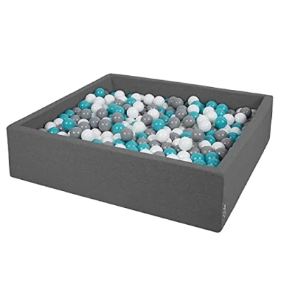 Bild av KiddyMoon Skumbollhav 120 x 30 cm/200 bollar, stor fyrkant med plastbollar, certifierat, tillverkat i EU, mörkgrått: grått vitt turkost