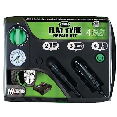 Bild av Slime 50129 Punktering Lagning Nödsats, Idealisk för Bilar och Andra Motorvägsfordon, Inkluderar Tätning Medel En Däck Pump, 10 Minuters Reparation