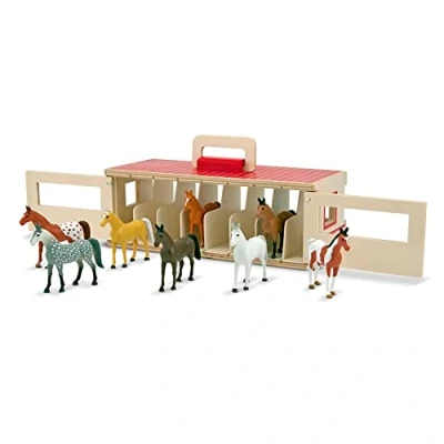 Bild av Melissa &amp; Doug Visar häststall med 8 leksakshästar Låtsas spela Träleksak för barn 3+ år Present till pojke eller flicka