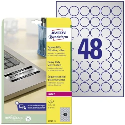 Bild av AVERY Zweckform L6129 20 typskylt, folieetiketter (960 klistermärken, Ø 80 mm till A4, extremt starkt självhäftande, slitstark, väderbeständig, tryckbar självhäftande film, blank) ark, silver