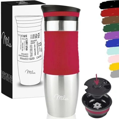 Bild av Milu termomugg 370ml 450ml isolerad mugg kaffe to go 100% läckagesäker dricksmugg av rostfritt stål bilmugg dubbelväggig isolering resemugg (Röd, 450ml)