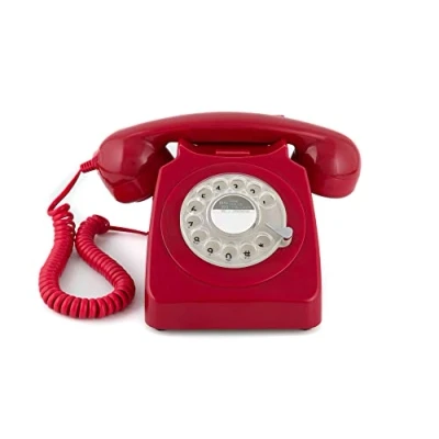 Bild av GPO 746 Rotary 1970s stil Retro hemtelefon med sladd, nummerskiva, autentisk ringsignal röd