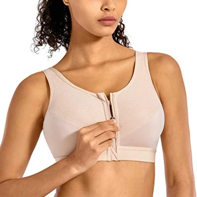 Bild av SYROKAN Kvinnors Dragkedja Fram High Impact Wireless Racerback Support I Front Sports Bh Beige 80F