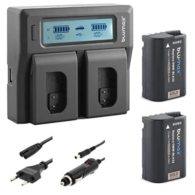 Bild av 2 x Blumax batteri ersätter Panasonic DMW BLK22/DMW BLK22E 2250 mAh LCD dubbel laddare kompatibel med Lumix DC S5 S5K G9 GH5 II GH5S GH6