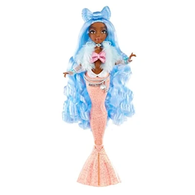 Bild av Mermaze Mermaidz SHELLNELLE samlardocka sjöjungfru modell med 1 svans som ändrar färg, blått hår, kläder och tillbehör är ledad att posera 4 år +