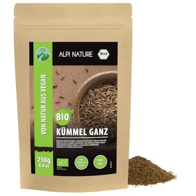 Bild av organisk kummin hel (250g), kumminfrön i rå matkvalitet från kontrollerad odling, glutenfri, laktosfri, laboratorietestad, vegan