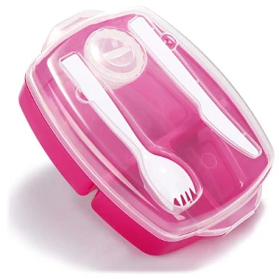 Bild av COM FOUR® 4 delad lunchlåda med bestick och såsask, för arbete, skola, universitet resor, diskmaskin (4 delar låda hallonrött)