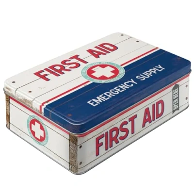 Bild av Nostalgic Art Förvaringsburk i retrostil låg, First Aid Blue Presentidé för nostalgiälskare, Plåtburk med lock, Deko vintagedesign, 2,5 l